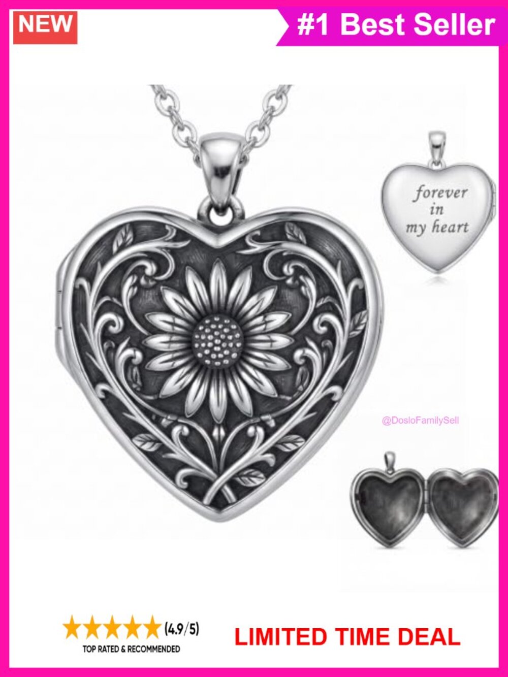 Heart Locket Necklace 925 Sterling Silver Sunflower Photo Pendant